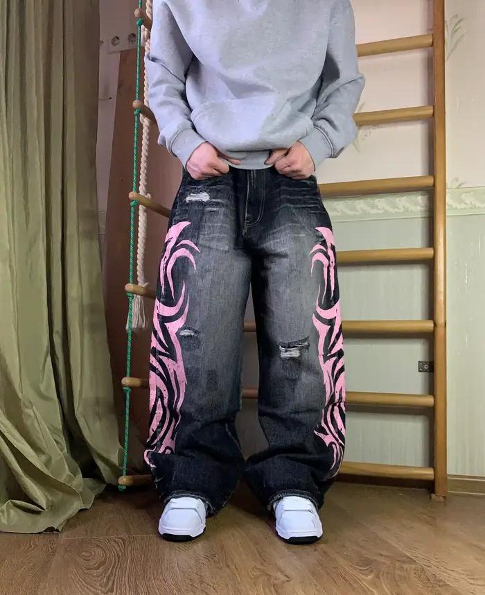Y2K américain Vintage tacheté Totem imprimé Baggy jean femme taille haute jambe large