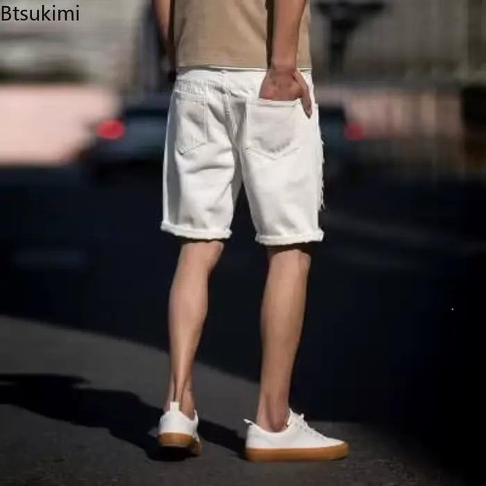 Shorts en jean déchirés pour hommes, style décontracté, longueur genou, couleur unie, blanc, classique, Y2K streetwear pour club, casual, party et quotidien