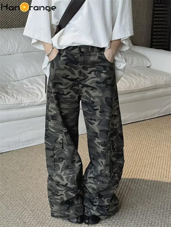 Début du printemps rétro Camouflage grande poche couteau incurvé jean femmes ample jambe large Denim pantalon Cargo