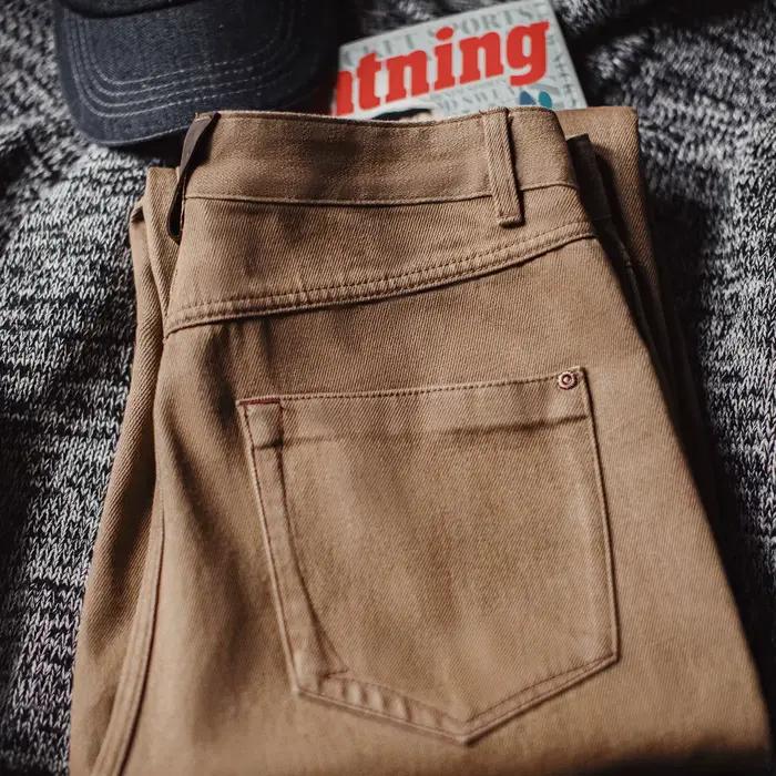 Maden Vintage Jean marron délavé pour homme Pantalon long épais et doux à jambe droite avec fermeture éclair pour le printemps et l'automne