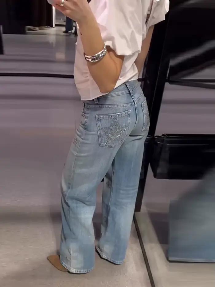 Jean large délavé bleu clair pour femme