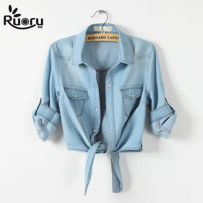 Chemise kimono en denim à manches courtes pour femmes