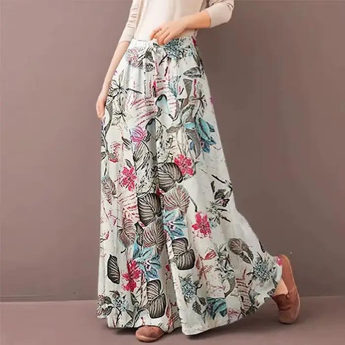 Femmes imprimé fleuri Pantalon à jambes larges printemps automne mode cordon bohême Pantalon dames décontracté ample taille élastique Pantalon