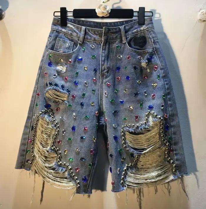 Jean trou Shorts femmes été 2025 pantalons courts taille haute Stretch en détresse diamants lavés Streetwear Denims droits