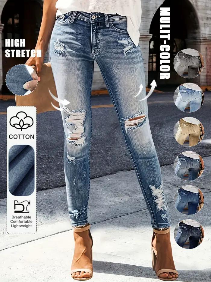 Jean slim déchiré en denim délavé à motif barbe de chat