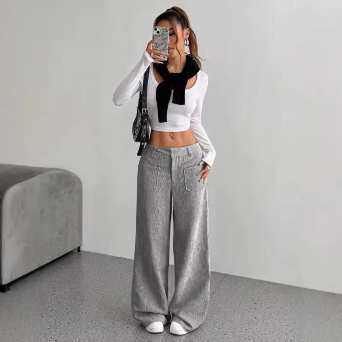 Pantalon en velours côtelé pour femmes ample et décontracté polyester automne hiver occasions variées confort moderne