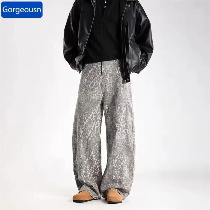 Nouveau Jean Y2K Vintage Effet Vieilli Imprimé Léopard 2026 pour Homme – Pantalon en Denim Ample et Courbé Style Hip Hop Punk Tendance