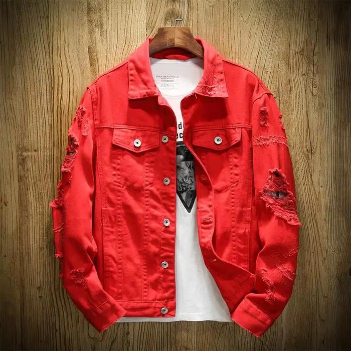 Veste en jean rouge déchirée coupe slim pour hommes polyvalente et durable pour toutes les saisons et occasions