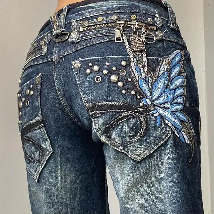 Jeans Papillon Rétro Tendance pour Femme – Nouvelle Collection 2026 – Style Harajuku Hip Hop Décontracté