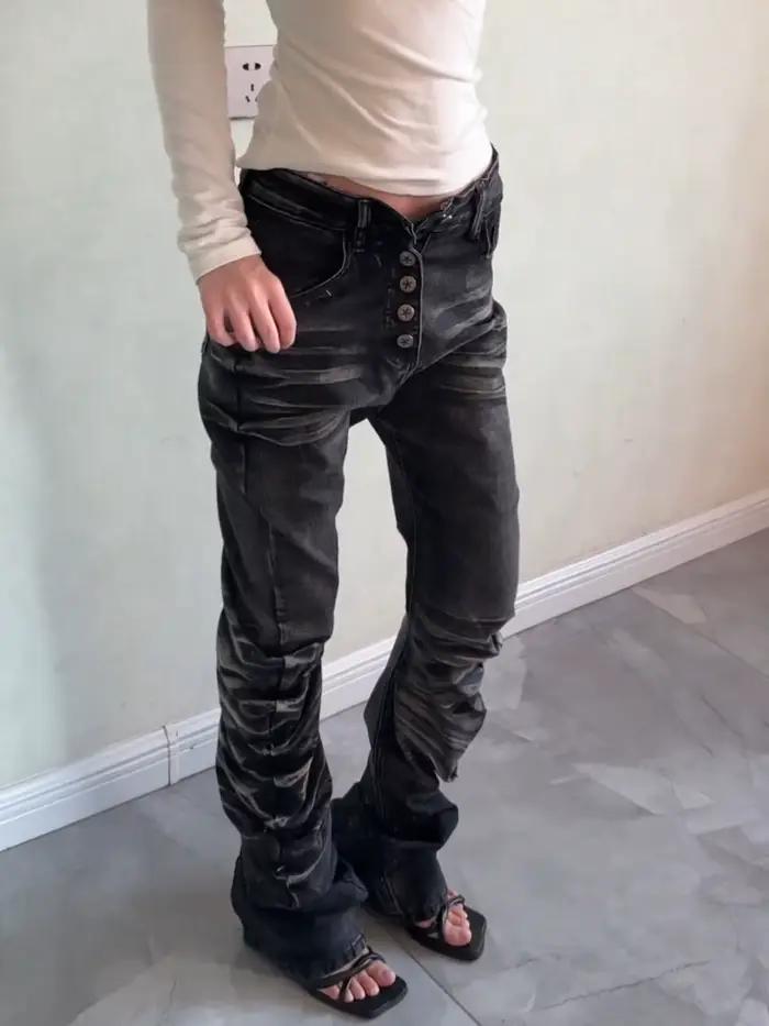 Jeans slim empilés délavés et usés style gothique rétro Y2K