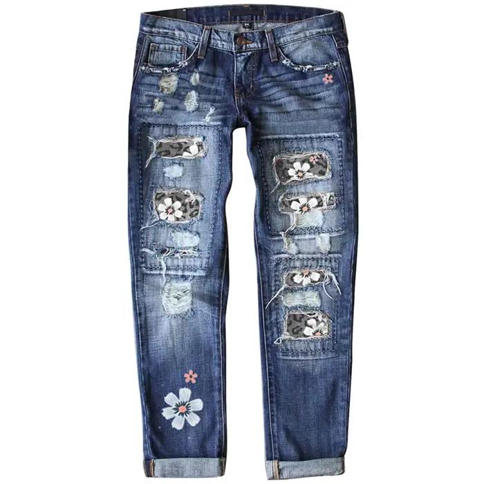 Jean femme imprimé pantalon droit Denims longueur cheville