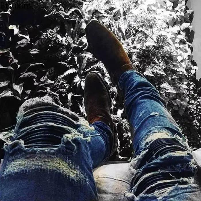 Nouveau Jean Slim Extensible pour Homme avec Trous Déchirés et Patchwork Pantalon en Denim Déchiré à Taille Élastique Coupe Droite Décontractée Tendance Streetwear Occasions Spéciales
