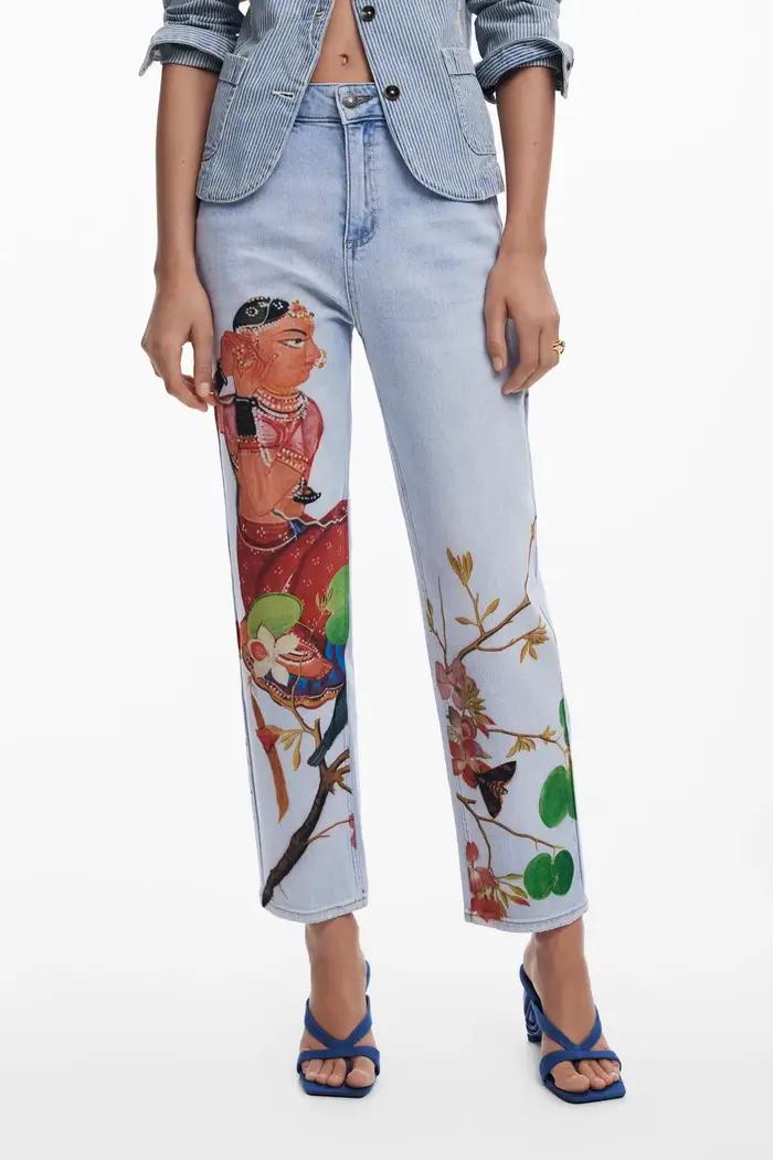 Jeans pour femmes, style original européen, américain, espagnol, imprimé couleur contrastée, pantalon court décontracté élastique de style créateur