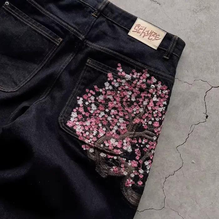 Jean Y2K Harajuku Gothique Vintage Fleurs de Prunier Motif Brodé Pantalon à Jambes larges Hommes Femmes Denim Style Américain Street Wear Polyester Doux Four Seasons Casual Occasionnels