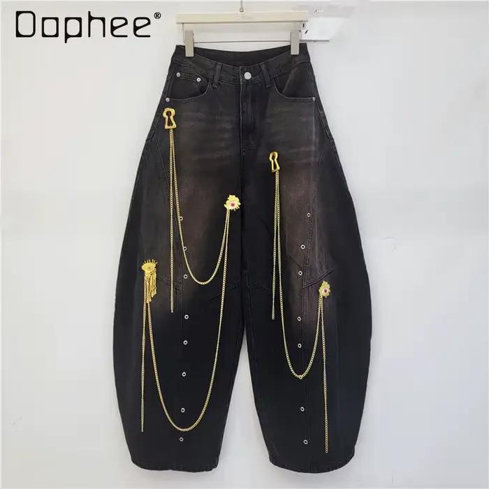 Pantalon large unisexe style urbain avec chaîne dorée décorative