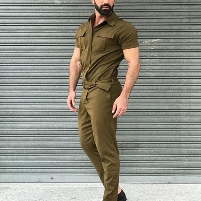 Salopette homme décontracté Streetwear poche couleur unie manches courtes + pantalon combinaison mode loisirs travail
