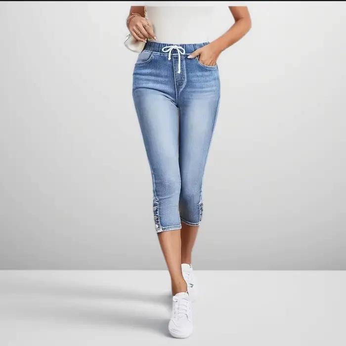 Nouveau Jean Capri Femme Été Style Européen et Américain Taille Élastique Coupe Ajustée en Denim Rétro