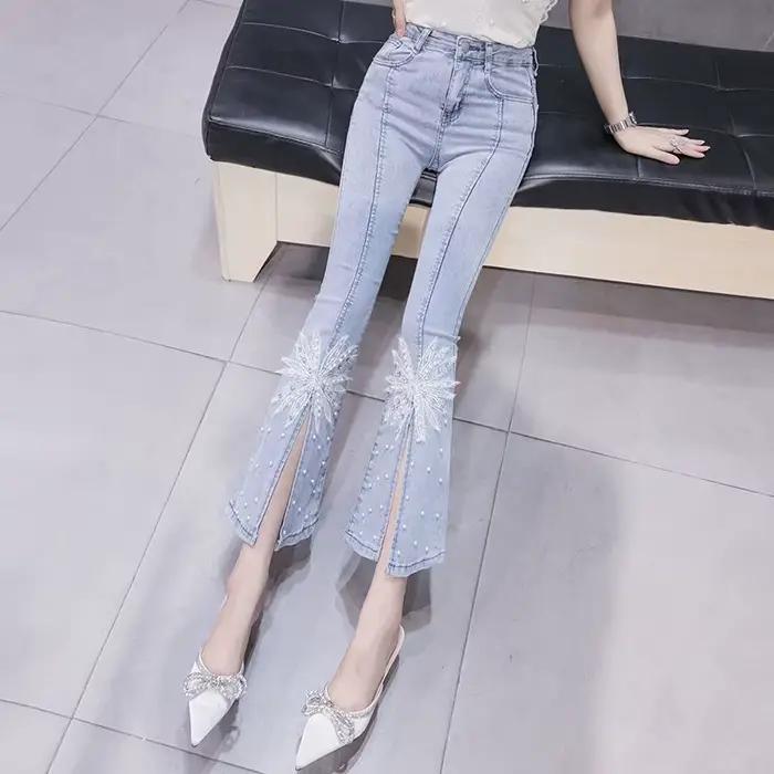 Jean Pipe avec Strass pour Femme Pantalon Court Slim Fentes en Dentelle Capris Bell Évasement Astronomique Occasions Spéciales