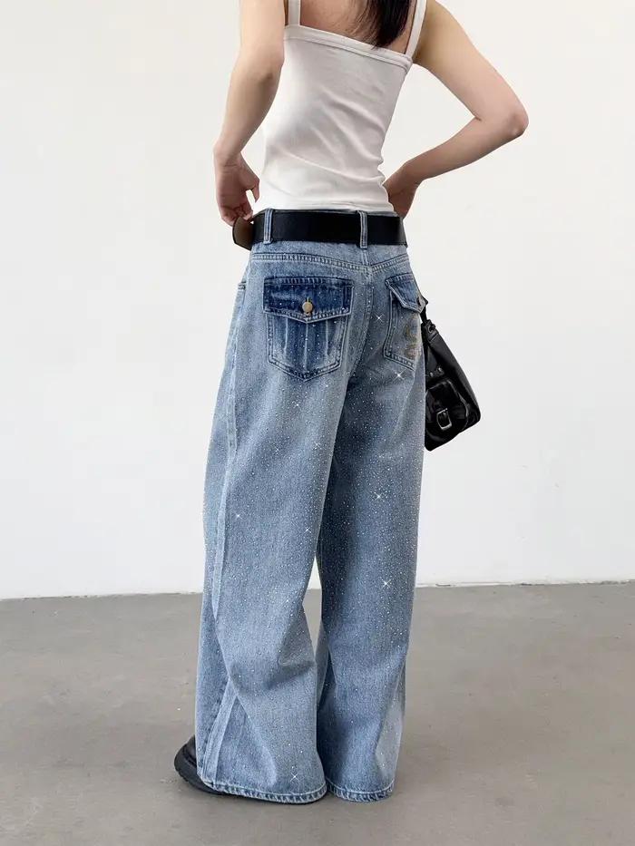 CHIC VEN Jeans Femme Tendance Bleu Coupe Ample Nouveau Design Strass Thermocollés Pantalon Droit en Denim Printemps Automne 2026