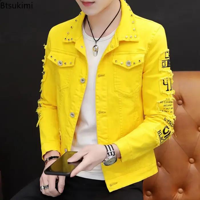 Veste en jean à rivets pour hommes, tendance personnalisée, trou cassé, haut en Patchwork, Streetwear, mode printemps-automne, manteau ajusté à manches longues
