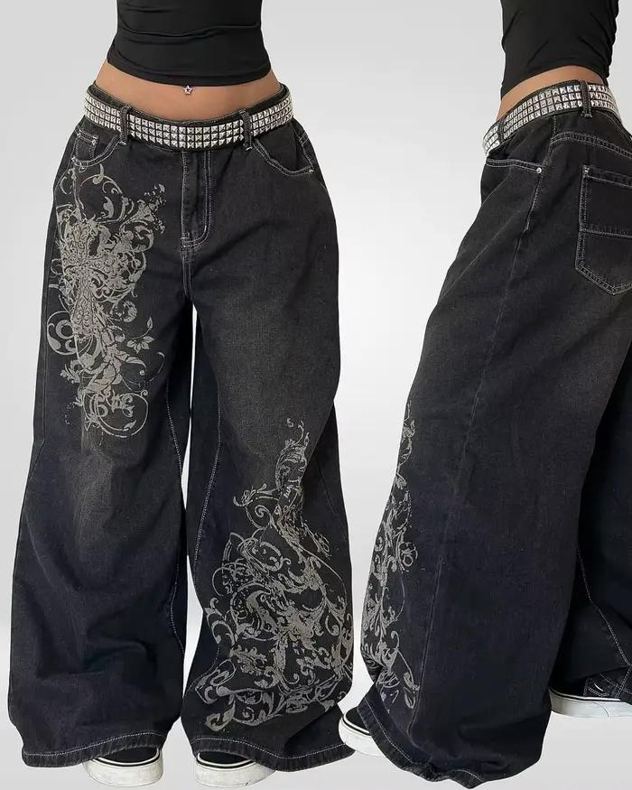 Y2K gothique croix imprimé jean ample rue Hip-hop rétro hommes et femmes décontracté surdimensionné multifonctionnel à