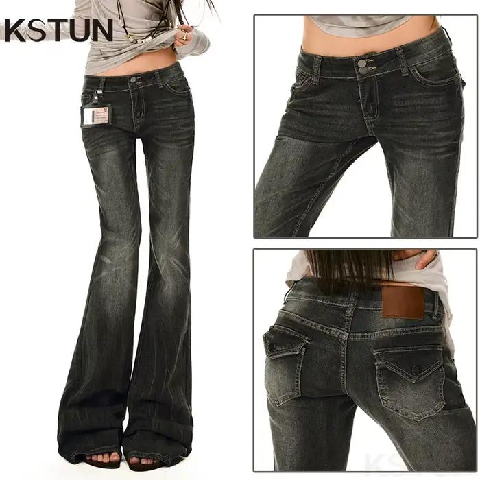 KSTUN épicé fille taille basse jean gris Stretch femmes mince pantalon évasé bureau dame cloche bas