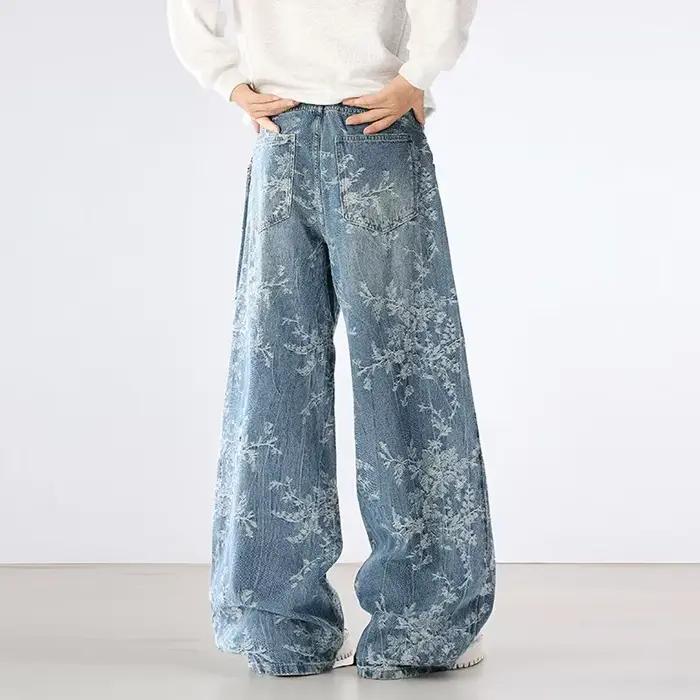 Jean brodé automne hiver nouveaux Styles pantalon ample à jambes larges rétro droit résistant à l'usure lavage à l'eau