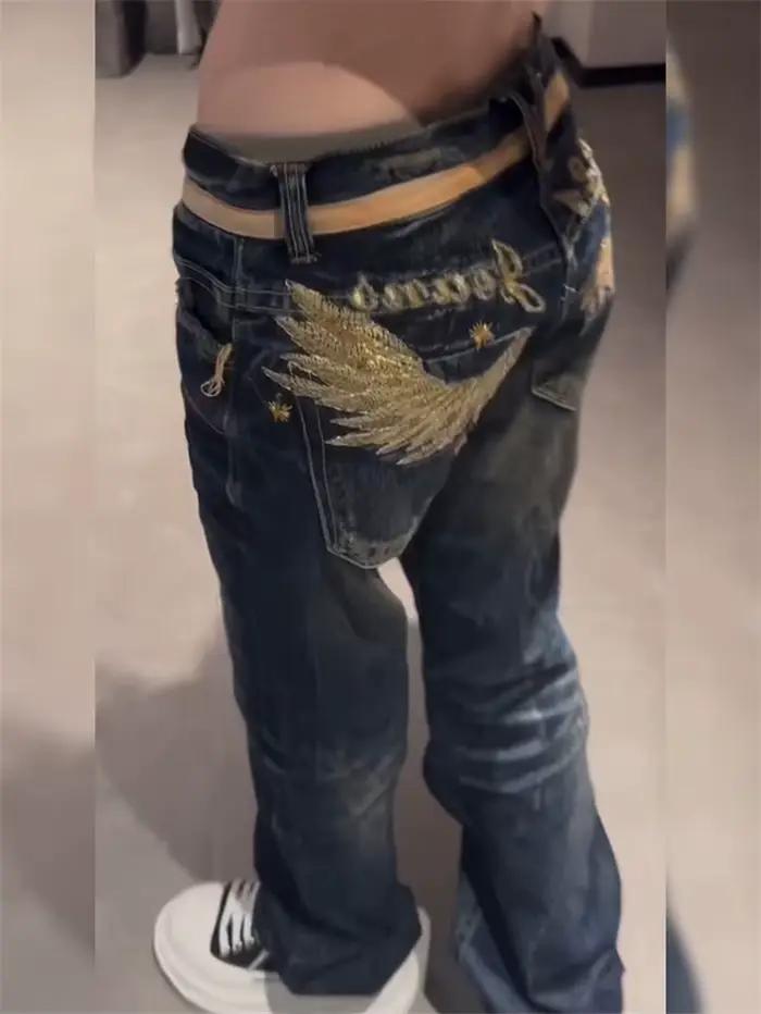 Jeans brodés aux ailes dorées personnalisés pour enfants, pantalon évasé taille basse, design décontracté, printemps été, pour filles occasions spéciales