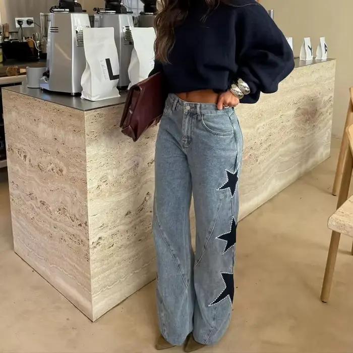 Nouveau Jean Droit Femme 2026 Tendance Décontracté Bleu Clair Orné d'une Étoile à Cinq Branches