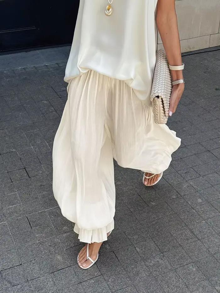 Pantalon Ballon Plissé Y2K Blanc pour Femme Style Vintage Streetwear Polyvalent pour Quotidien Coupe Ample et Oversize