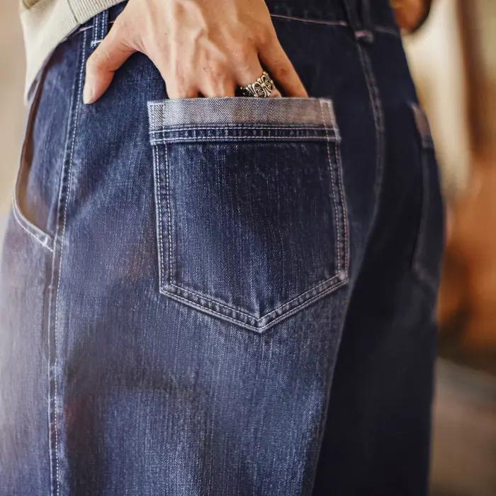 Maden 15oz Vintage délavé bleu jean pour hommes automne hiver Denim effilé coupe ample pantalon rétro décontracté pantalons longs
