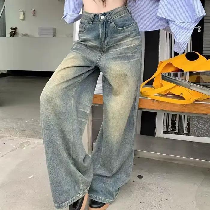 Printemps automne Vintage Chicly bouton Jean femmes américain Simple Baggy taille haute Denim pantalon lavé Y2K jambe