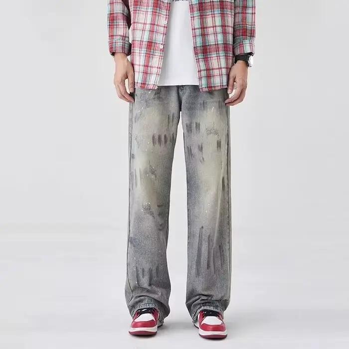 Automne Graffiti imprimé jambe droite Jean pour homme haute rue mode déchiré Baggy Denim pantalon 2025 nouveau Hip Hop