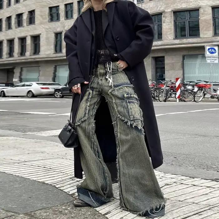 Jeans évasés délavés à bords bruts pour hommes