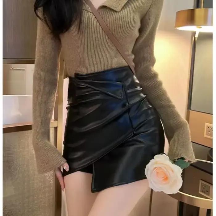 Mini-jupe en similicuir pour femme - Design asymétrique à enroulement taille haute