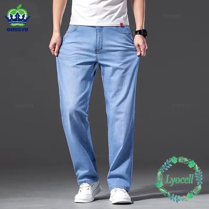 Hommes jean classique été Lyocell coton droit Stretch marque Denim pantalon salopette bleu clair ajustement