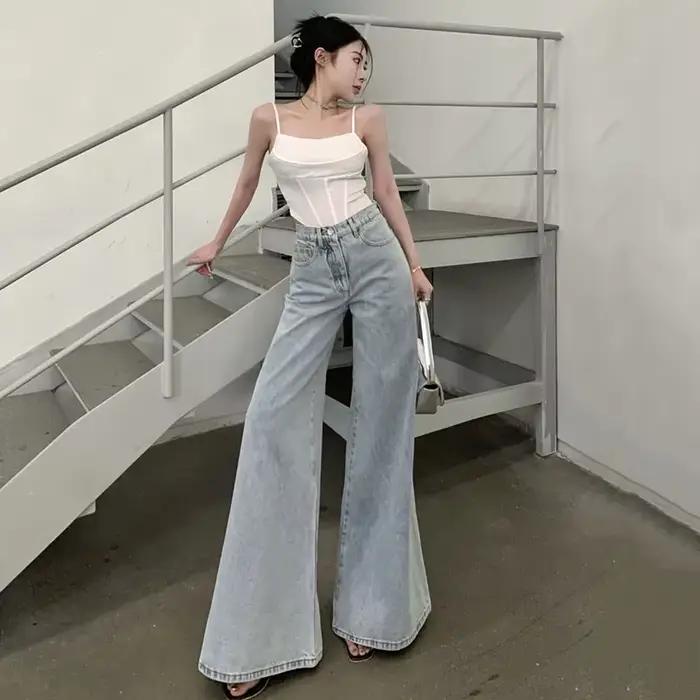 Xpqbb femmes jambes larges jean coréen taille haute ample Streetwear Denim pantalon dames décontracté Simple