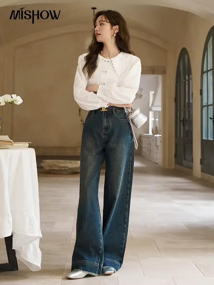 MISHOW américain rétro jambe large jean printemps taille haute mince coton élastique Denim pantalon droit ourlet glands