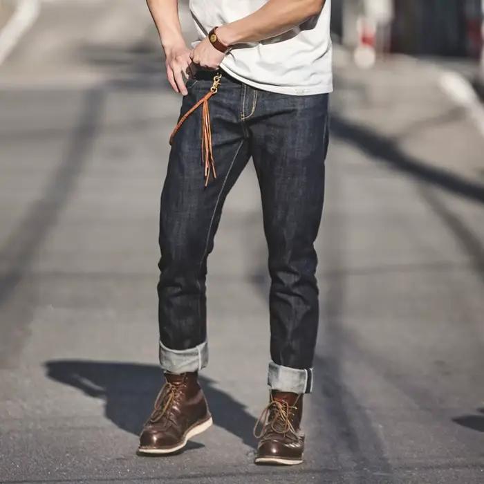 Maden Jeans en denim à lisière brute pour hommes 14 oz Vintage coupe droite en cuir de cheval Patch Paris Boucle