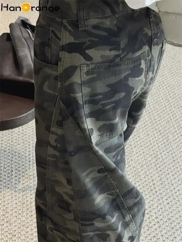 Début du printemps rétro Camouflage grande poche couteau incurvé jean femmes ample jambe large Denim pantalon Cargo