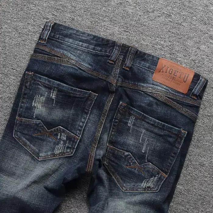 Nouvellement créateur de mode hommes jean rétro vert bleu coupe ajustée déchiré