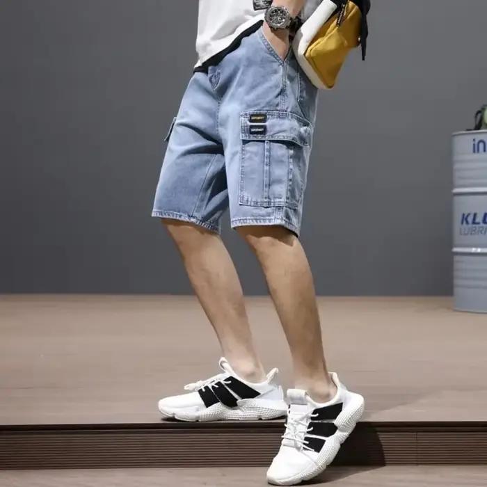 Homme Denim Shorts Noir Gris Cargo Short Jeans Pantalon pour Hommes avec Poches Boutons Populaires Vintage Tendance 2025 Confortable Mince