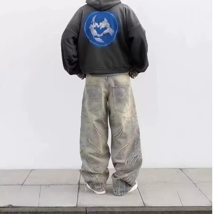 Jean ample Vintage Harajuku brodé de chauve-souris Hommes Style Streetwear Pantalon droit Mode Printemps Automne Denim Délavé Paresseux Occasions Spéciales
