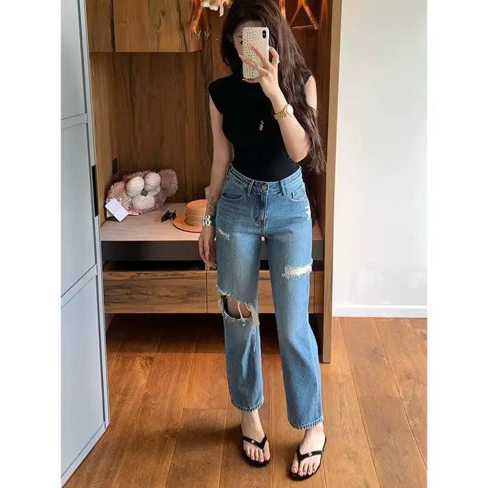 Nouveau jean droit déchiré taille haute coupe slim pour femme