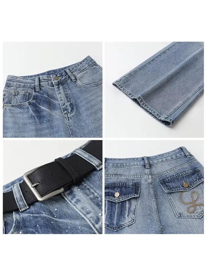 CHIC VEN Jeans Femme Tendance Bleu Coupe Ample Nouveau Design Strass Thermocollés Pantalon Droit en Denim Printemps Automne 2026