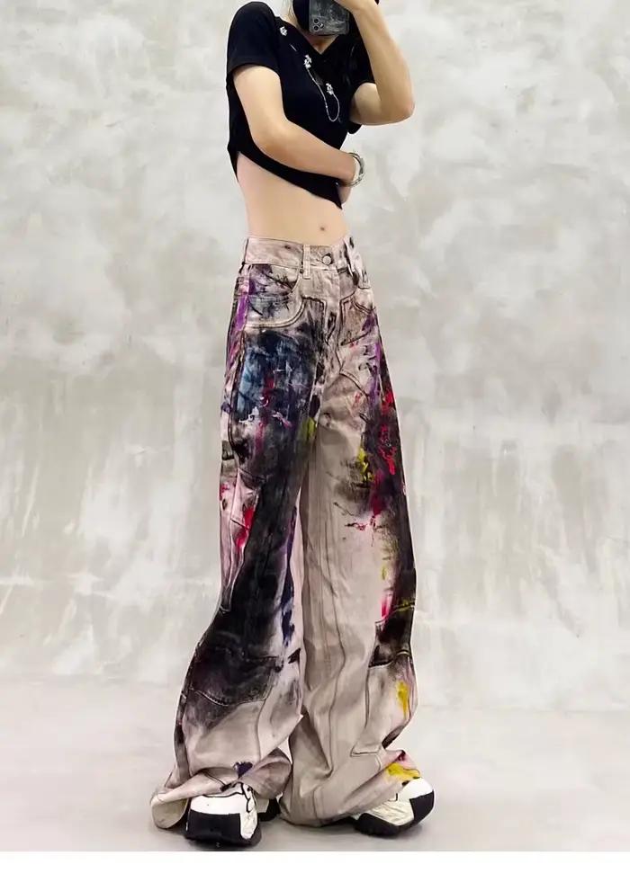 Y2k jean dames Cool peint Graffiti avec taille haute et coupe ample