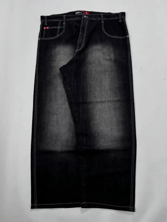 Nouveau Jean Rétro Bleu Style Gothique Délavé Décontracté pour Homme Y2K Streetwear Vintage Populaire Taille Haute Ample Jambe Large