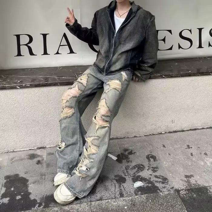 Jean déchiré délavé coupe décontractée pour homme