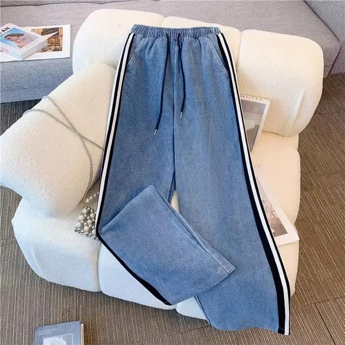 Femmes Denim 2 pièces ensemble rayé longue veste à lacets lavé en détresse jambe large pantalon automne femme 2025 Streetwear ensembles assortis