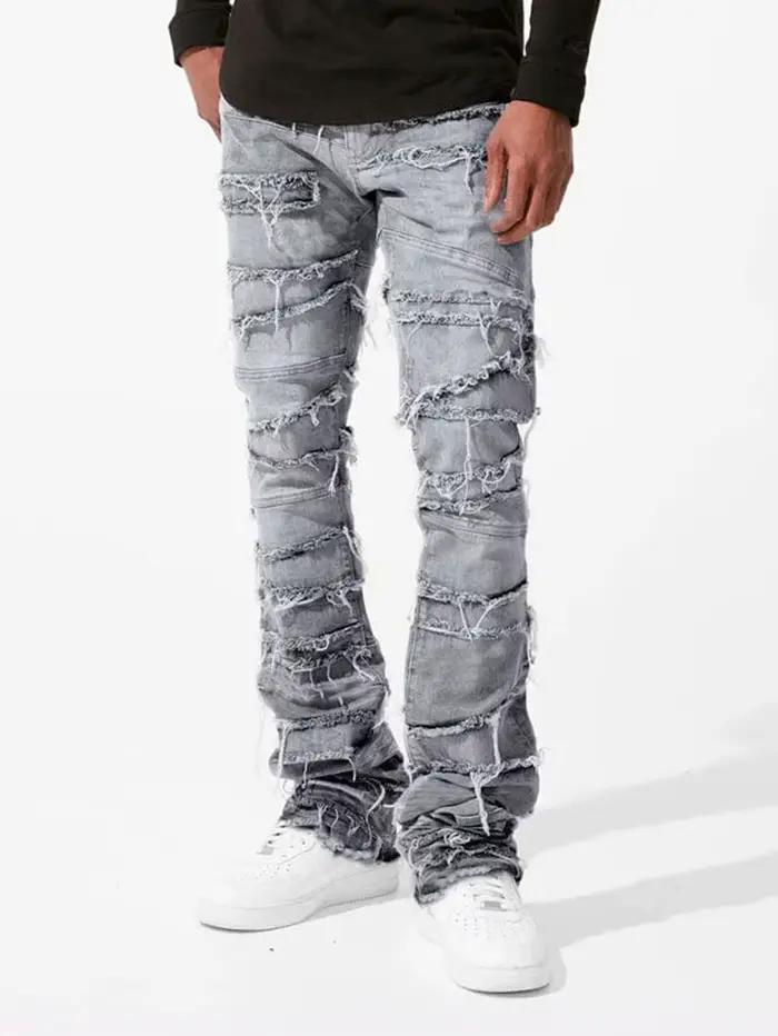 2025 nouveaux jeans empilés hommes patchwork épissé Denim déchiré lavage effiloché pantalon homme Streetwear